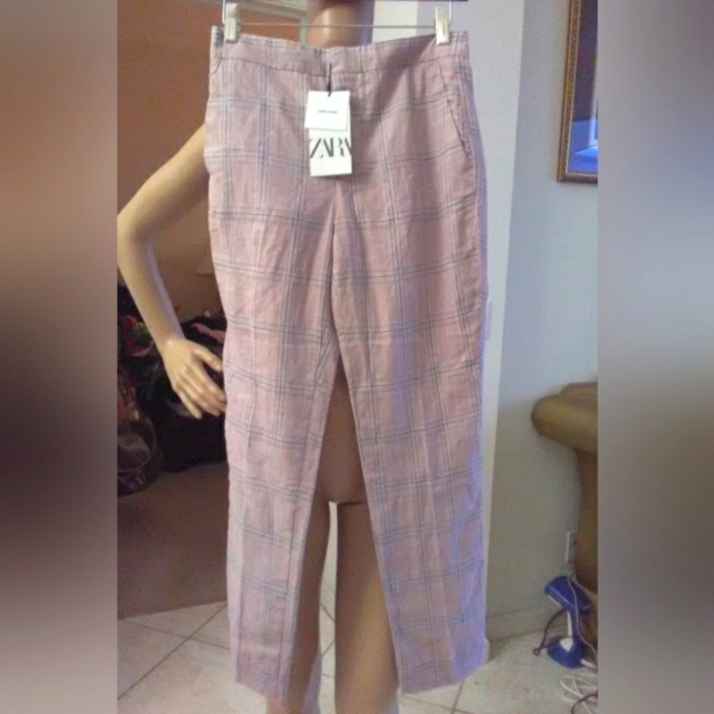 BNWT ZARA DRESS PANTS PLAID STYLE TANS BROWN FLAT FRONT W/ POCKETS F&B SZ 2